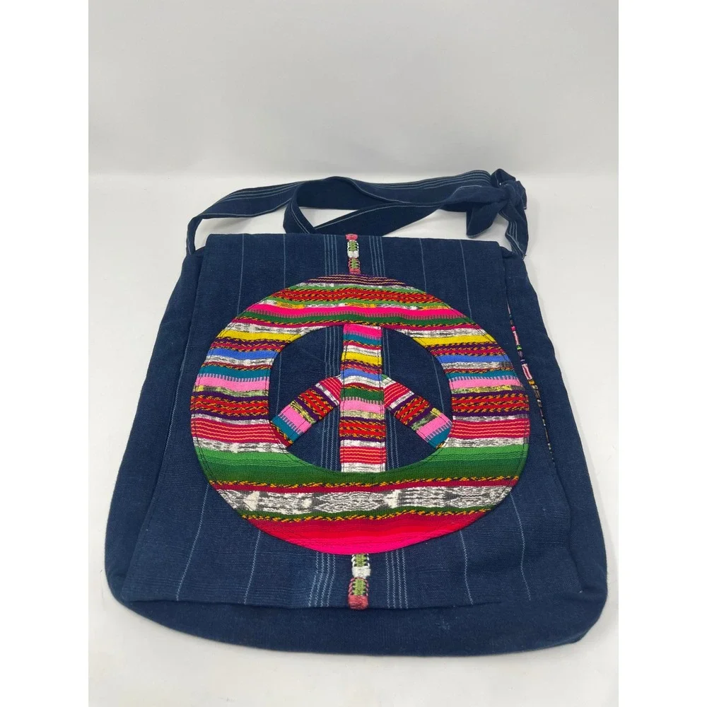 Peace Sign Messenger Bag Unisex Large Blue Multi Excellent Boho Patchwork
